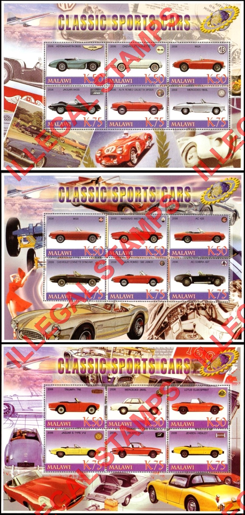 Malawi 2006 Sports Cars Illegal Stamp Souvenir Sheets of 6 Malawi 2006 Sports Cars Illegal Stamp Souvenir Sheets of 6