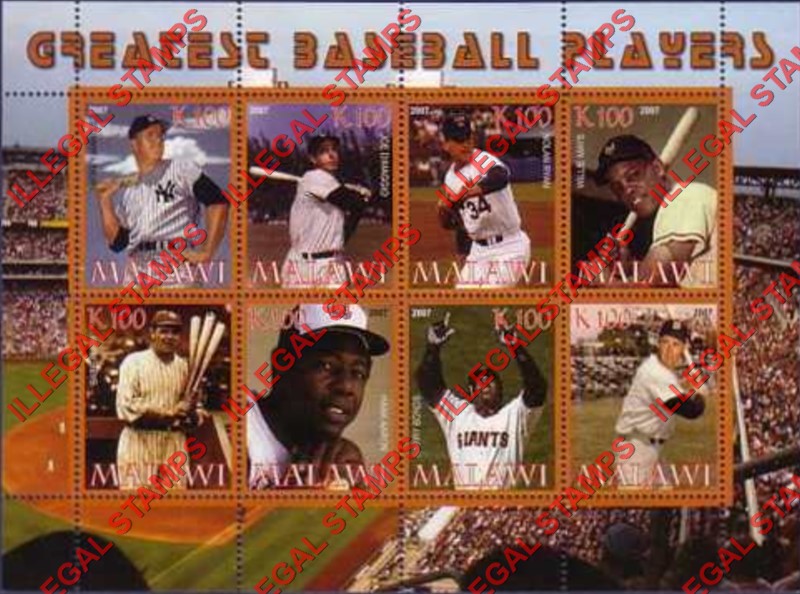Malawi 2007 Baseball Illegal Stamp Souvenir Sheet of 8 Malawi 2007 Baseball Illegal Stamp Souvenir Sheet of 8