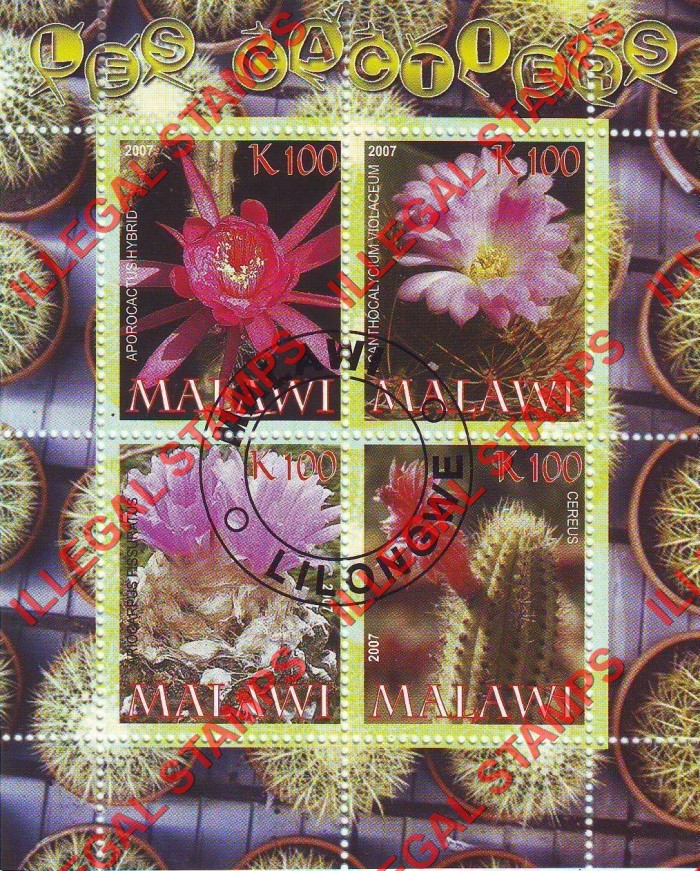 Malawi 2007 Cactus Illegal Stamp Souvenir Sheet of 4 Malawi 2007 Cactus Illegal Stamp Souvenir Sheet of 4