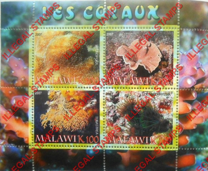 Malawi 2007 Coral Illegal Stamp Souvenir Sheet of 4 Malawi 2007 Coral Illegal Stamp Souvenir Sheet of 4