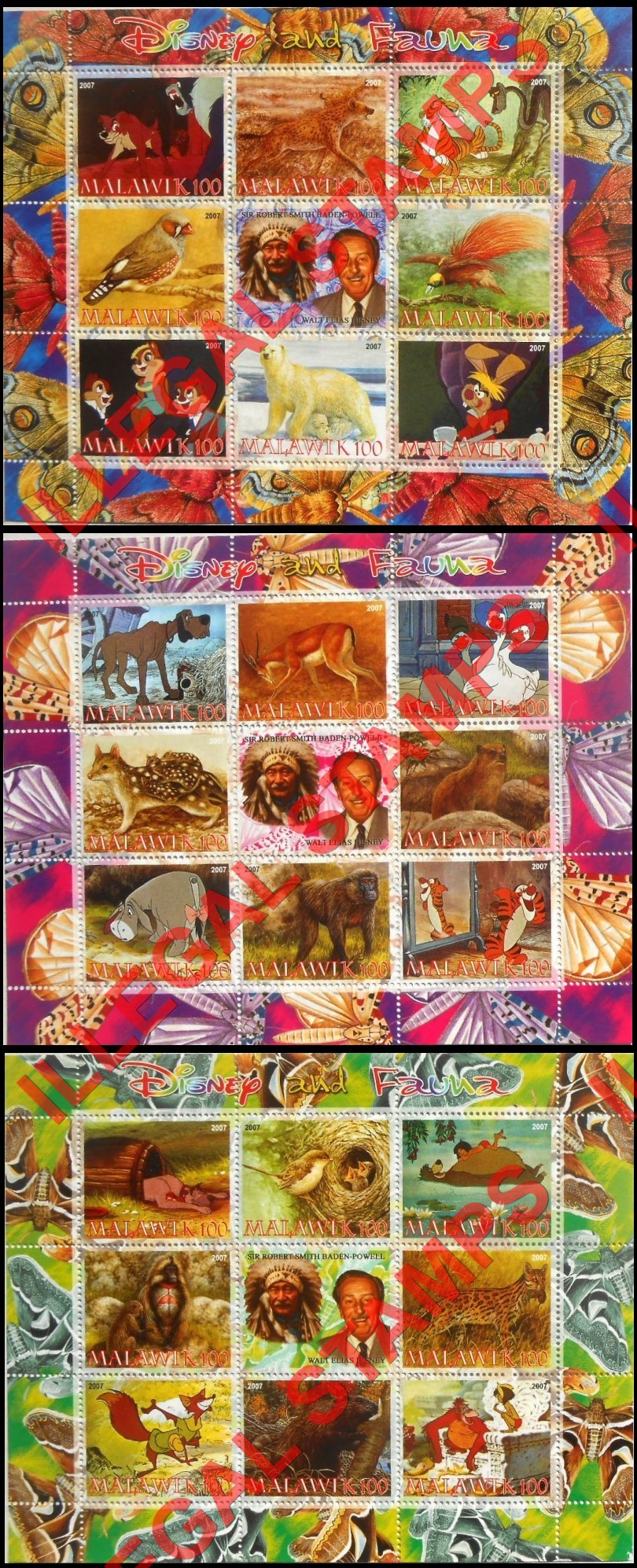 Malawi 2007 Disney and Fauna Illegal Stamp Sheets of 8 Plus Label Malawi 2007 Disney and Fauna Illegal Stamp Sheets of 8 Plus Label