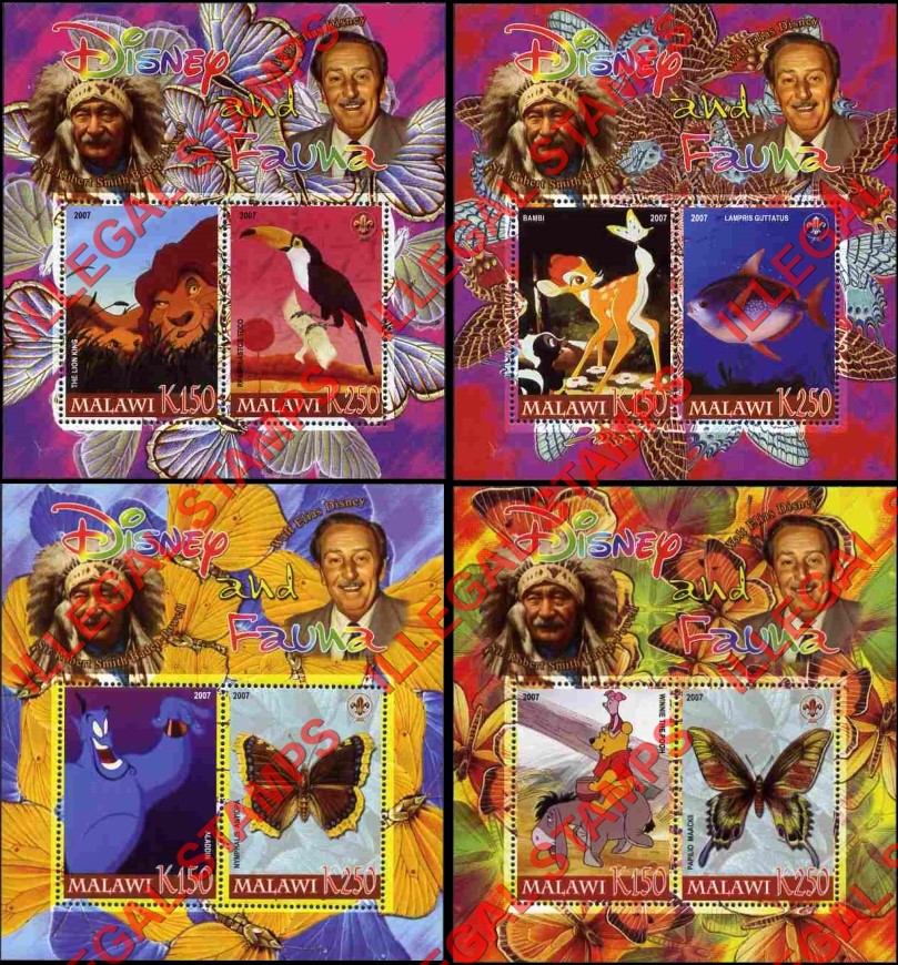 Malawi 2007 Disney and Fauna Illegal Stamp Souvenir Sheets of 2 (Part 1) Malawi 2007 Disney and Fauna Illegal Stamp Souvenir Sheets of 2 (Part 1)