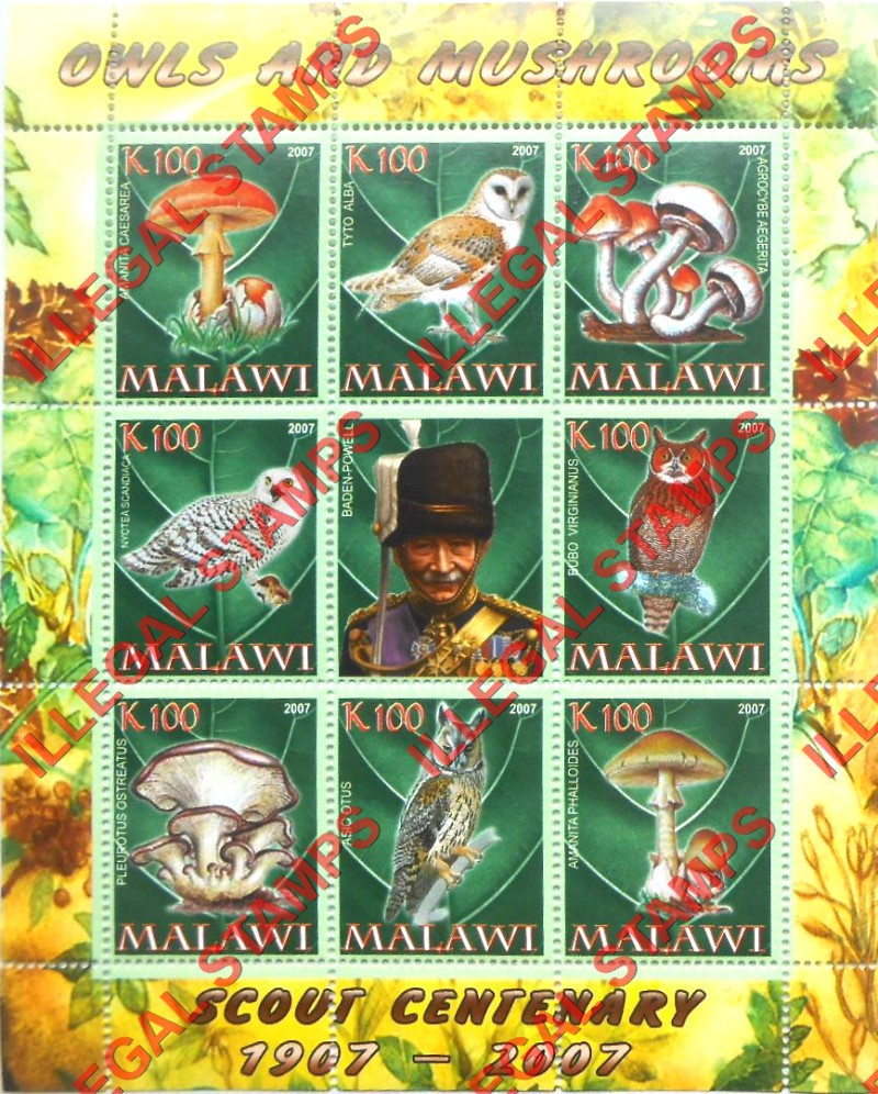 Malawi 2007 Owls and Mushrooms Scouts Centenary Illegal Stamp Sheet of 8 Plus Label Malawi 2007 Owls and Mushrooms Scouts Centenary Illegal Stamp Sheet of 8 Plus Label