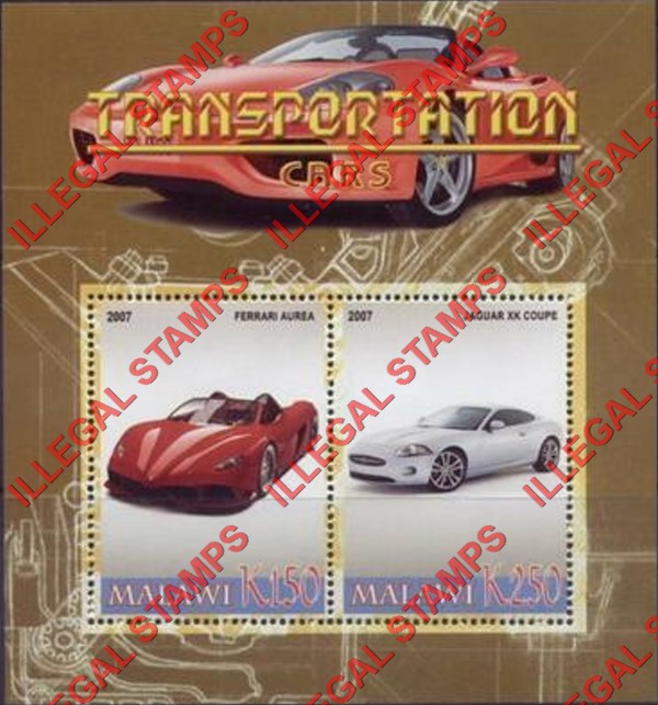 Malawi 2007 Transportation Cars Illegal Stamp Souvenir Sheet of 2 Malawi 2007 Transportation Cars Illegal Stamp Souvenir Sheet of 2