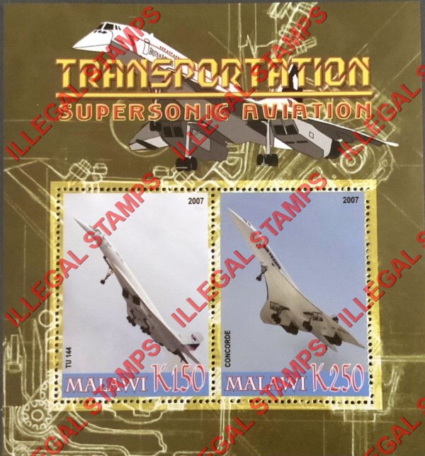 Malawi 2007 Transportation Concorde TU 144 Illegal Stamp Souvenir Sheet of 2 Malawi 2007 Transportation Concorde TU 144 Illegal Stamp Souvenir Sheet of 2