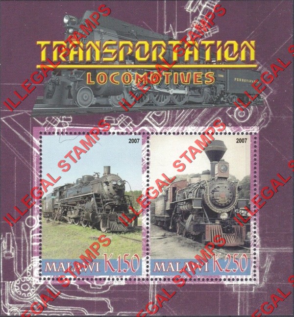Malawi 2007 Transportation Locomotives Illegal Stamp Souvenir Sheet of 2 Malawi 2007 Transportation Locomotives Illegal Stamp Souvenir Sheet of 2