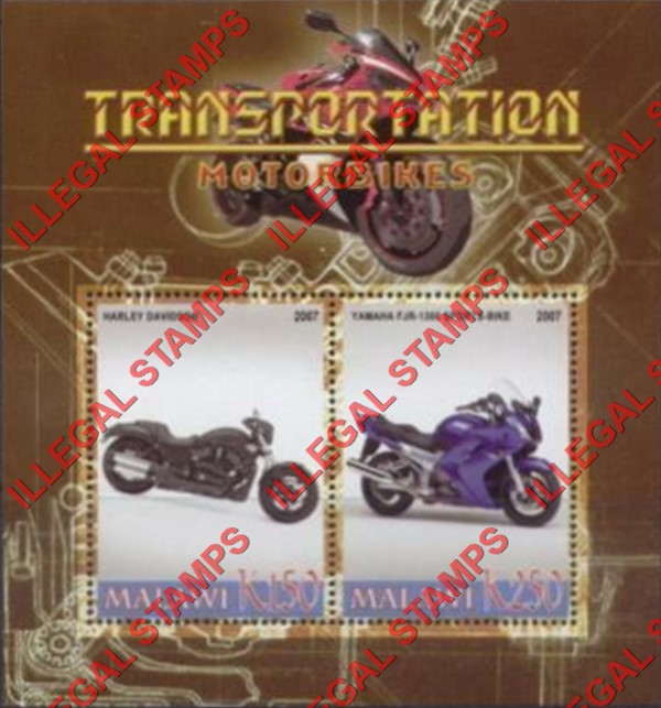 Malawi 2007 Transportation Motorcycles Illegal Stamp Souvenir Sheet of 2 Malawi 2007 Transportation Motorcycles Illegal Stamp Souvenir Sheet of 2