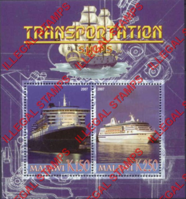 Malawi 2007 Transportation Ships Illegal Stamp Souvenir Sheet of 2 Malawi 2007 Transportation Ships Illegal Stamp Souvenir Sheet of 2