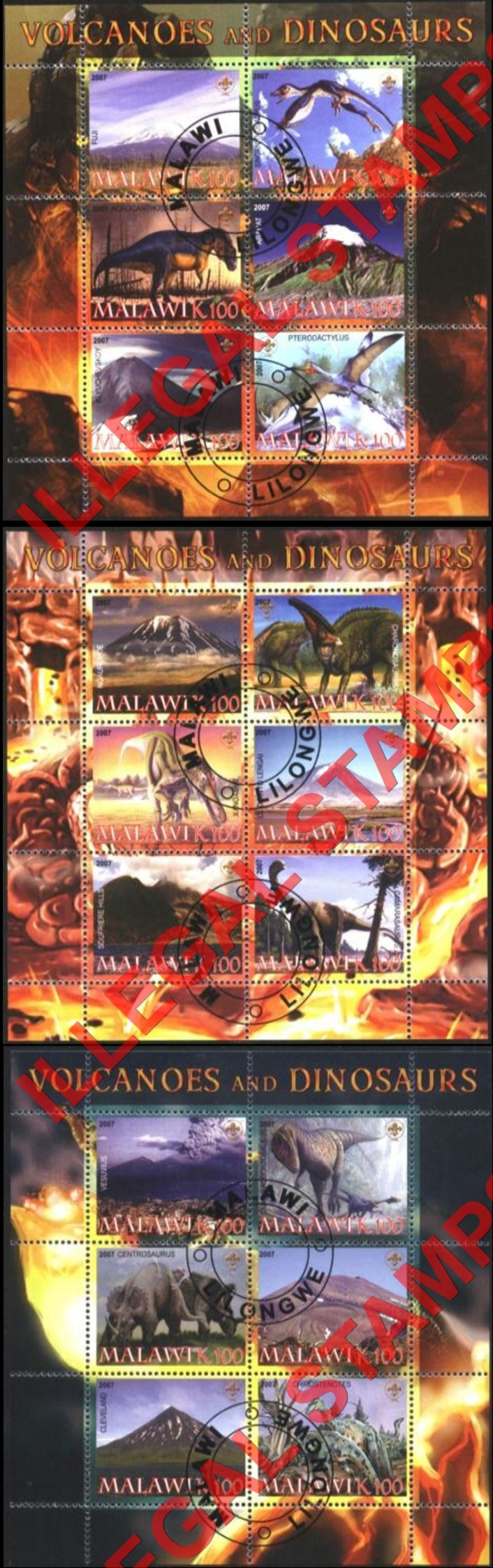 Malawi 2007 Volcanoes and Dinosaurs Illegal Stamp Souvenir Sheets of 6 Malawi 2007 Volcanoes and Dinosaurs Illegal Stamp Souvenir Sheets of 6