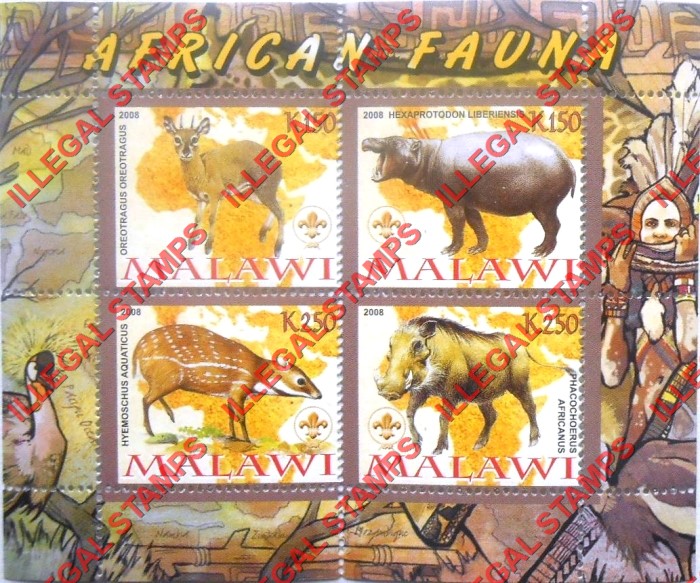 Malawi 2008 African Fauna Illegal Stamp Souvenir Sheet of 4 Malawi 2008 African Fauna Illegal Stamp Souvenir Sheet of 4