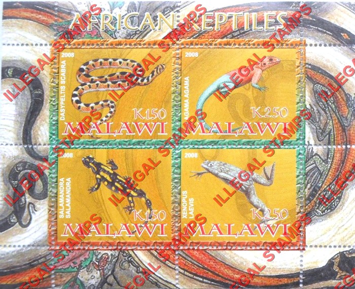 Malawi 2008 African Reptiles Illegal Stamp Souvenir Sheet of 4 Malawi 2008 African Reptiles Illegal Stamp Souvenir Sheet of 4