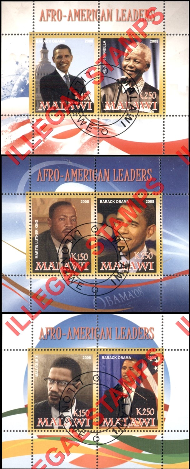 Malawi 2008 Afro-American Leaders Barack Obama Illegal Stamp Souvenir Sheets of 2 Malawi 2008 Afro-American Leaders Barack Obama Illegal Stamp Souvenir Sheets of 2