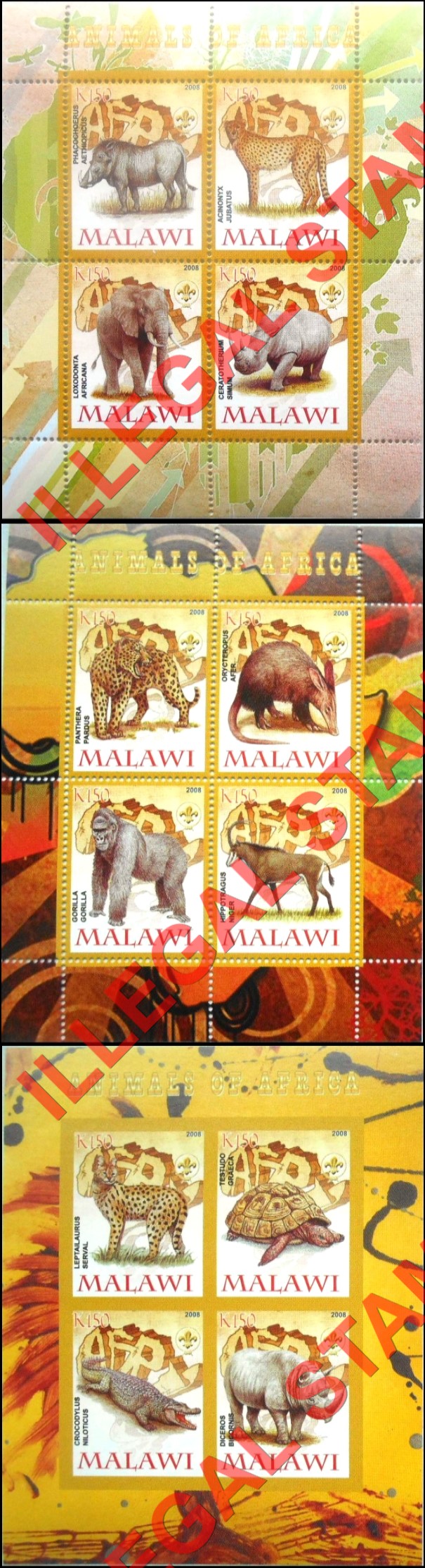 Malawi 2008 Animals of Africa Illegal Stamp Souvenir Sheets of 4 Malawi 2008 Animals of Africa Illegal Stamp Souvenir Sheets of 4