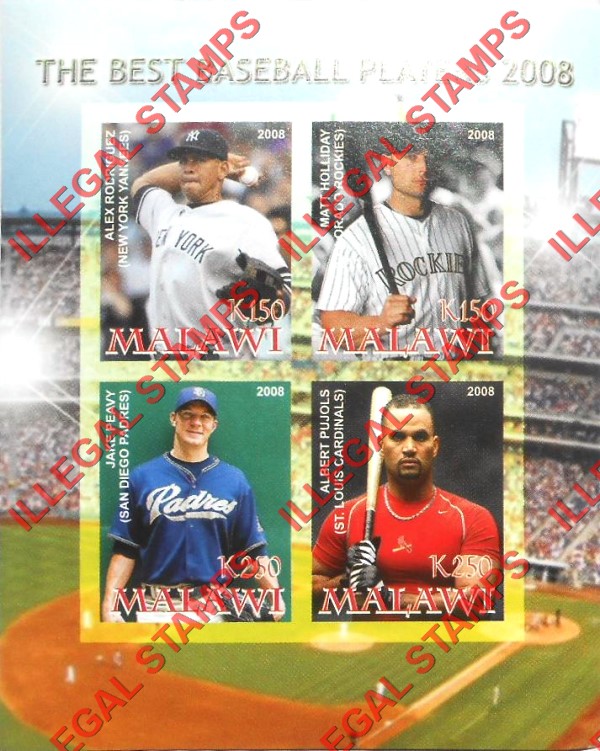 Malawi 2008 Baseball Best Players Illegal Stamp Souvenir Sheet of 4 Malawi 2008 Baseball Best Players Illegal Stamp Souvenir Sheet of 4