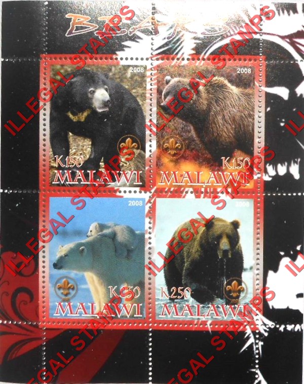Malawi 2008 Bears Illegal Stamp Souvenir Sheet of 4 Malawi 2008 Bears Illegal Stamp Souvenir Sheet of 4