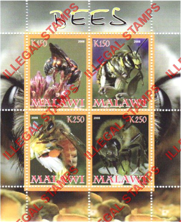 Malawi 2008 Bees Illegal Stamp Souvenir Sheet of 4 Malawi 2008 Bees Illegal Stamp Souvenir Sheet of 4