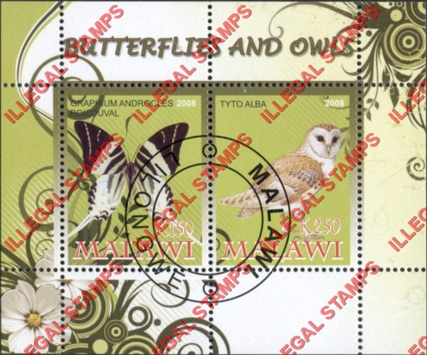 Malawi 2008 Butterflies and Owls Illegal Stamp Souvenir Sheet of 2 Malawi 2008 Butterflies and Owls Illegal Stamp Souvenir Sheet of 2