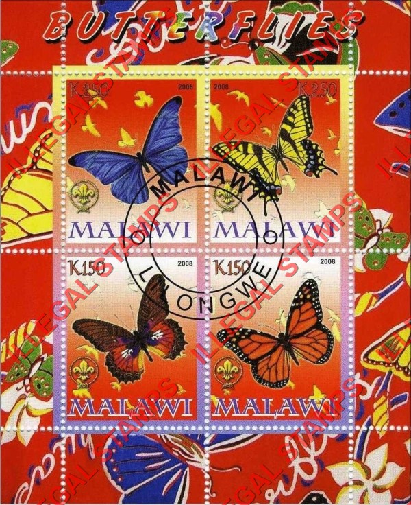 Malawi 2008 Butterflies Illegal Stamp Souvenir Sheet of 4 Malawi 2008 Butterflies Illegal Stamp Souvenir Sheet of 4