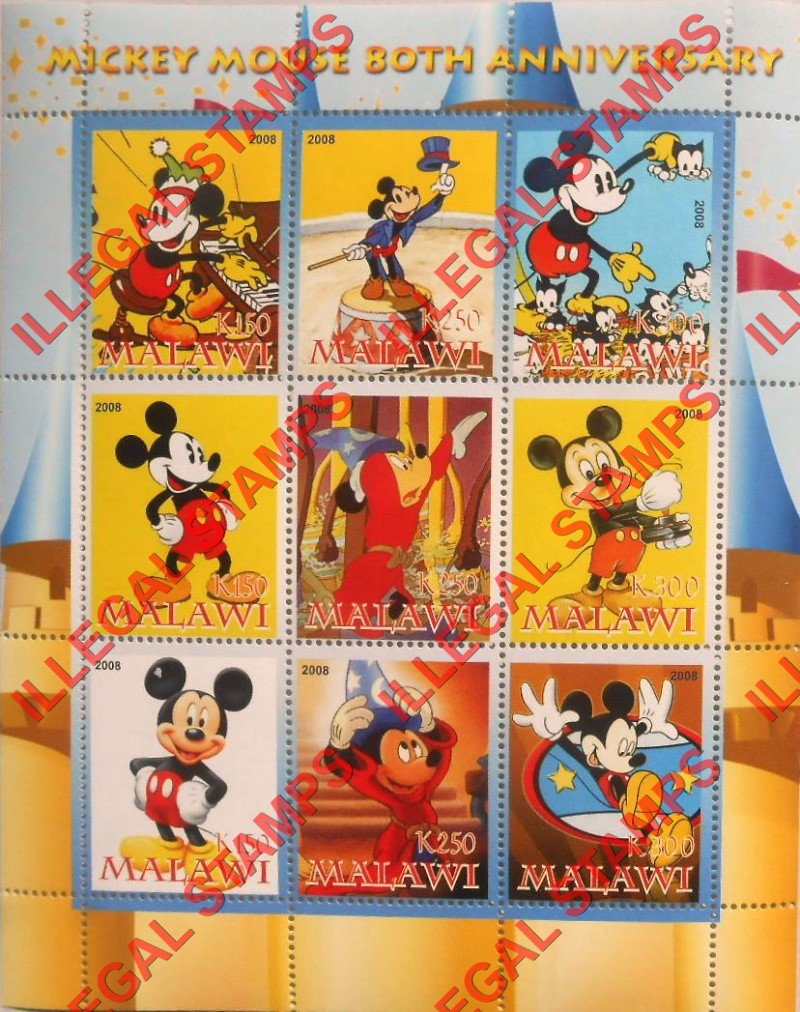 Malawi 2008 Disney Mickey Mouse 80th Anniversary Illegal Stamp Sheetlet of 9 Malawi 2008 Disney Mickey Mouse 80th Anniversary Illegal Stamp Sheetlet of 9