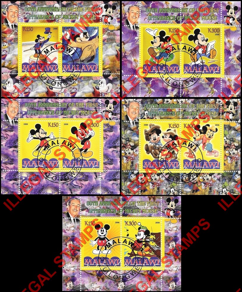 Malawi 2008 Disney Mickey Mouse 80th Anniversary Illegal Stamp Souvenir Sheets of 2 Malawi 2008 Disney Mickey Mouse 80th Anniversary Illegal Stamp Souvenir Sheets of 2