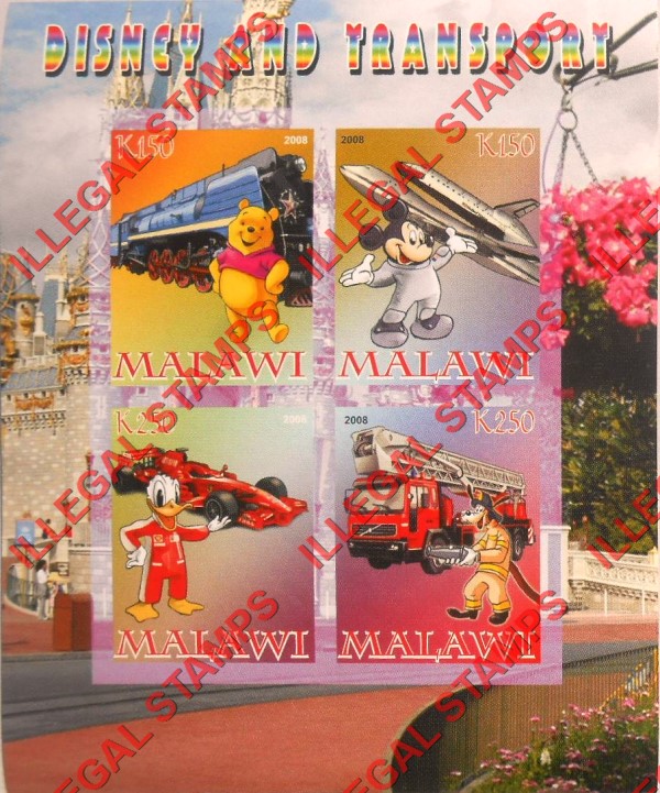 Malawi 2008 Disney and Transport Illegal Stamp Souvenir Sheet of 4 Malawi 2008 Disney and Transport Illegal Stamp Souvenir Sheet of 4