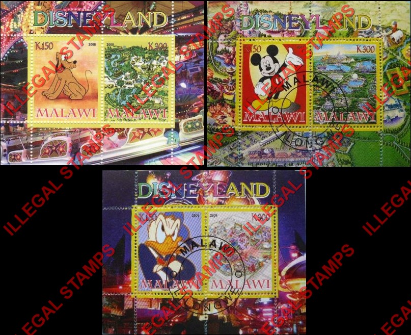 Malawi 2008 Disneyland Illegal Stamp Souvenir Sheets of 2 Malawi 2008 Disneyland Illegal Stamp Souvenir Sheets of 2
