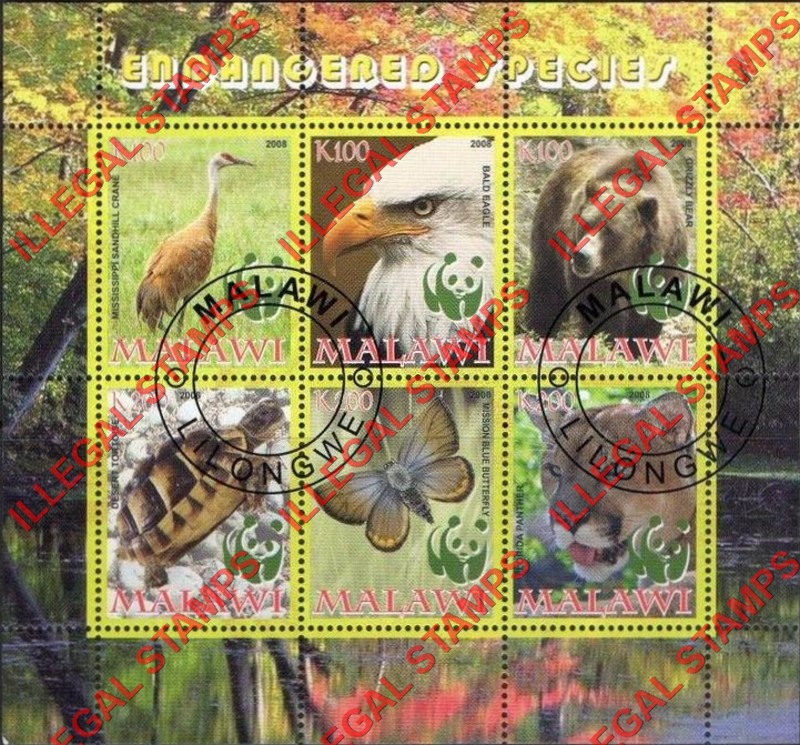Malawi 2008 Endangered Species WWF Illegal Stamp Souvenir Sheet of 6 Malawi 2008 Endangered Species WWF Illegal Stamp Souvenir Sheet of 6