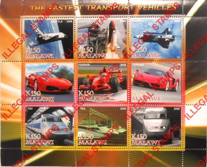 Malawi 2008 Fastest Transport Vehicles Illegal Stamp Sheetlet of 9 Malawi 2008 Fastest Transport Vehicles Illegal Stamp Sheetlet of 9