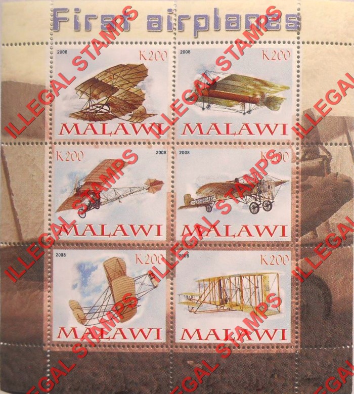 Malawi 2008 First Airplanes Illegal Stamp Souvenir Sheet of 6 Malawi 2008 First Airplanes Illegal Stamp Souvenir Sheet of 6