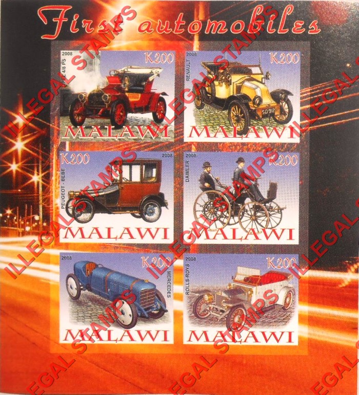 Malawi 2008 First Automobiles Illegal Stamp Souvenir Sheet of 6 Malawi 2008 First Automobiles Illegal Stamp Souvenir Sheet of 6