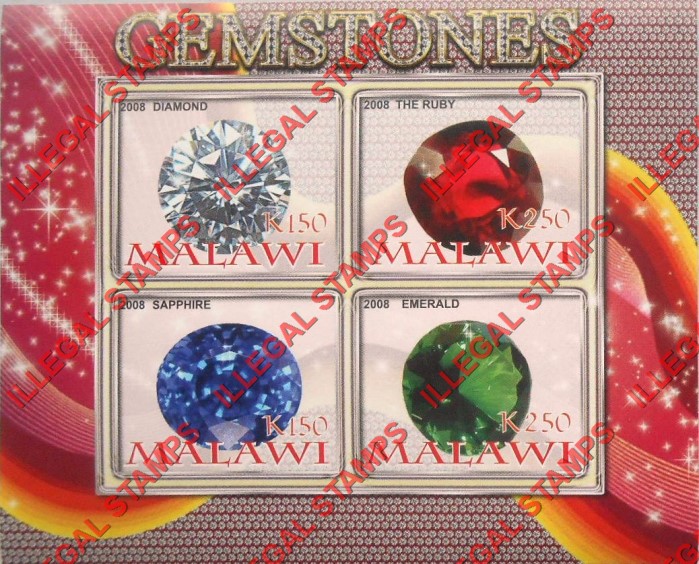 Malawi 2008 Gemstones Illegal Stamp Souvenir Sheet of 4 Malawi 2008 Gemstones Illegal Stamp Souvenir Sheet of 4
