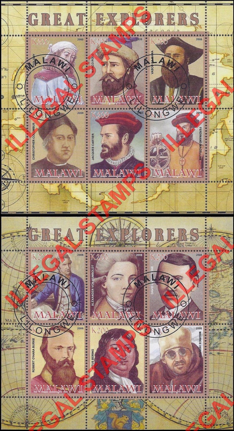 Malawi 2008 Great Explorers Illegal Stamp Souvenir Sheets of 6 Malawi 2008 Great Explorers Illegal Stamp Souvenir Sheets of 6