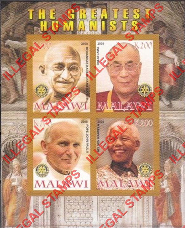 Malawi 2008 Greatest Humanists Illegal Stamp Souvenir Sheet of 4 Malawi 2008 Greatest Humanists Illegal Stamp Souvenir Sheet of 4