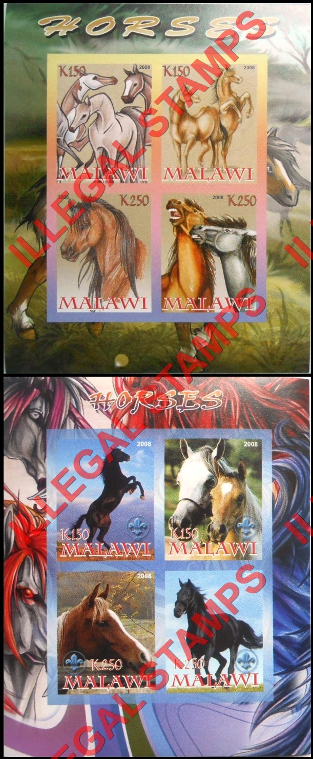 Malawi 2008 Horses Illegal Stamp Souvenir Sheets of 4 Malawi 2008 Horses Illegal Stamp Souvenir Sheets of 4