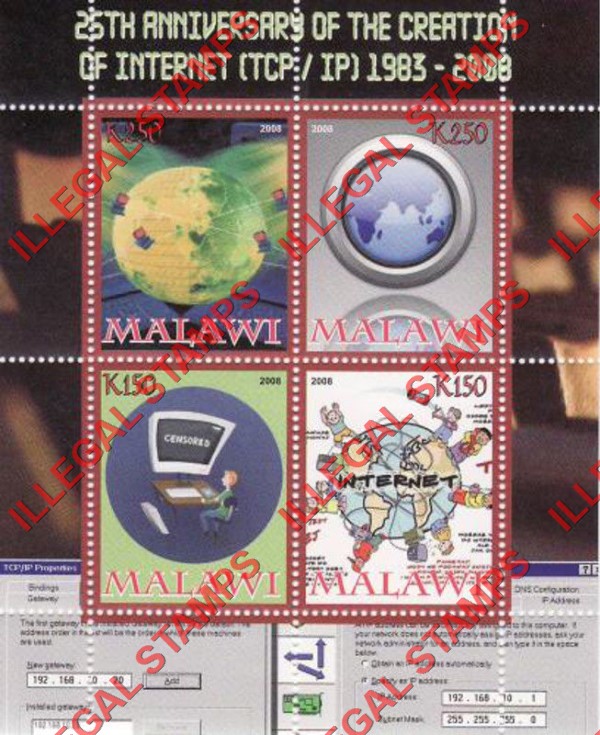 Malawi 2008 Internet Creation Illegal Stamp Souvenir Sheet of 4 Malawi 2008 Internet Creation Illegal Stamp Souvenir Sheet of 4