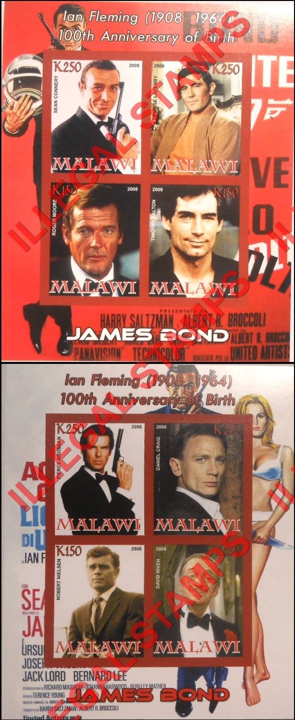 Malawi 2008 James Bond Ian Fleming Illegal Stamp Souvenir Sheets of 4 Malawi 2008 James Bond Ian Fleming Illegal Stamp Souvenir Sheets of 4