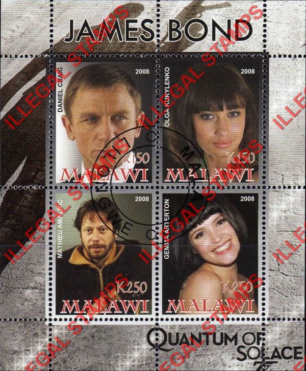 Malawi 2008 James Bond Quantum of Solace Illegal Stamp Souvenir Sheet of 4 Malawi 2008 James Bond Quantum of Solace Illegal Stamp Souvenir Sheet of 4