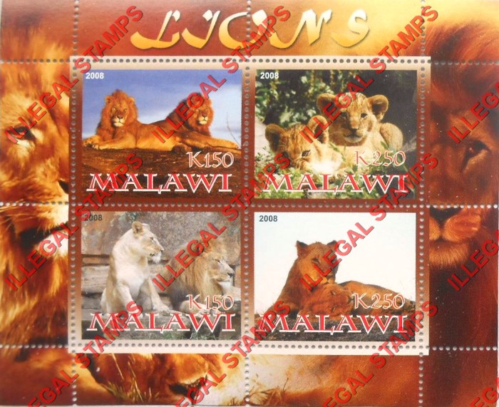 Malawi 2008 Lions Illegal Stamp Souvenir Sheet of 4 Malawi 2008 Lions Illegal Stamp Souvenir Sheet of 4
