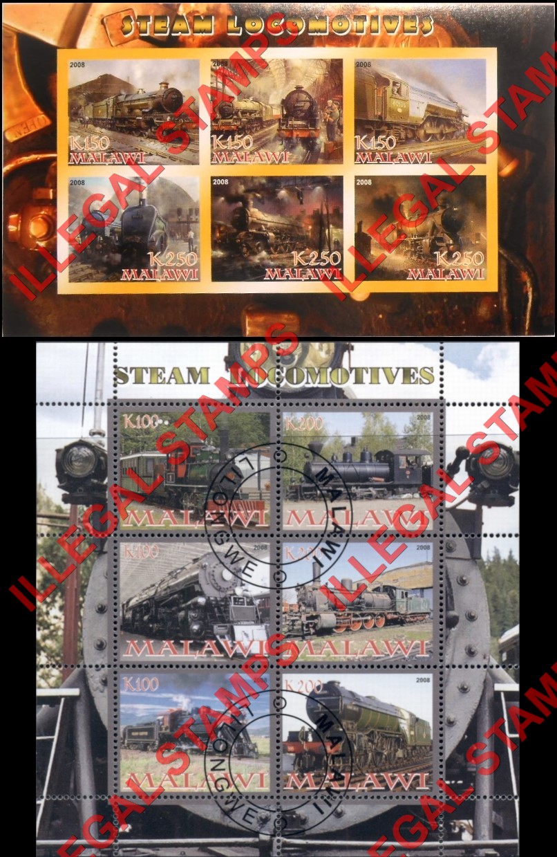 Malawi 2008 Locomotives Steam Illegal Stamp Souvenir Sheets of 6 Malawi 2008 Locomotives Steam Illegal Stamp Souvenir Sheets of 6