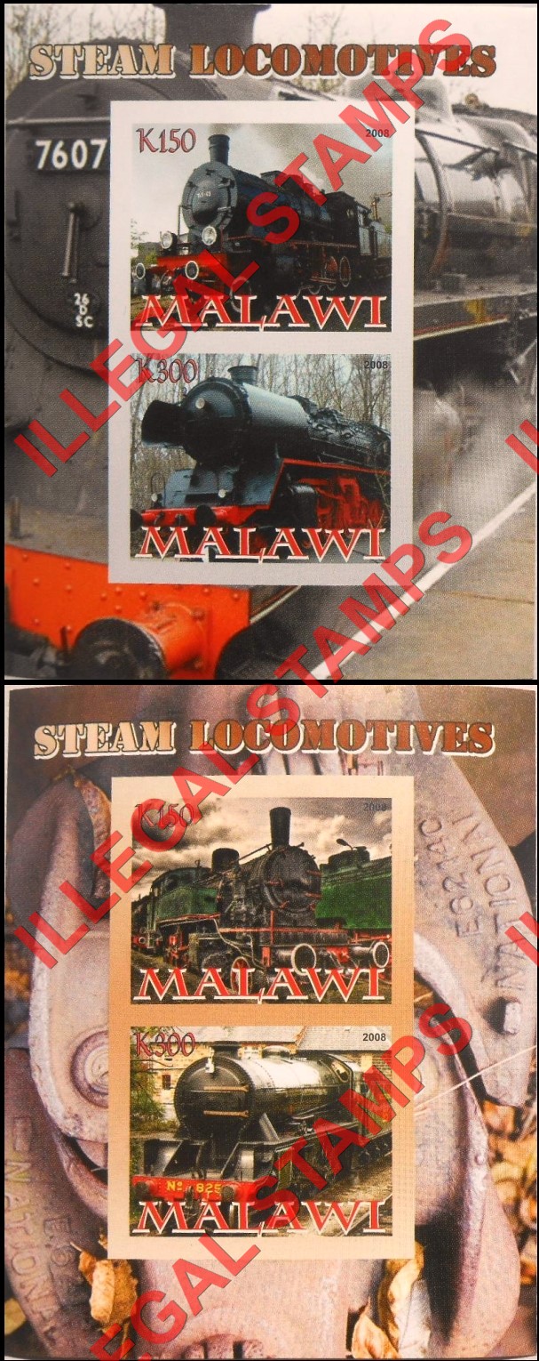Malawi 2008 Locomotives Steam Illegal Stamp Souvenir Sheets of 2 Malawi 2008 Locomotives Steam Illegal Stamp Souvenir Sheets of 2