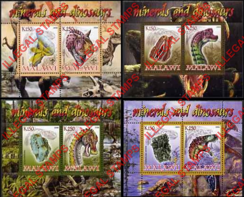 Malawi 2008 Minerals and Dinosaurs Illegal Stamp Souvenir Sheets of 2 Malawi 2008 Minerals and Dinosaurs Illegal Stamp Souvenir Sheets of 2