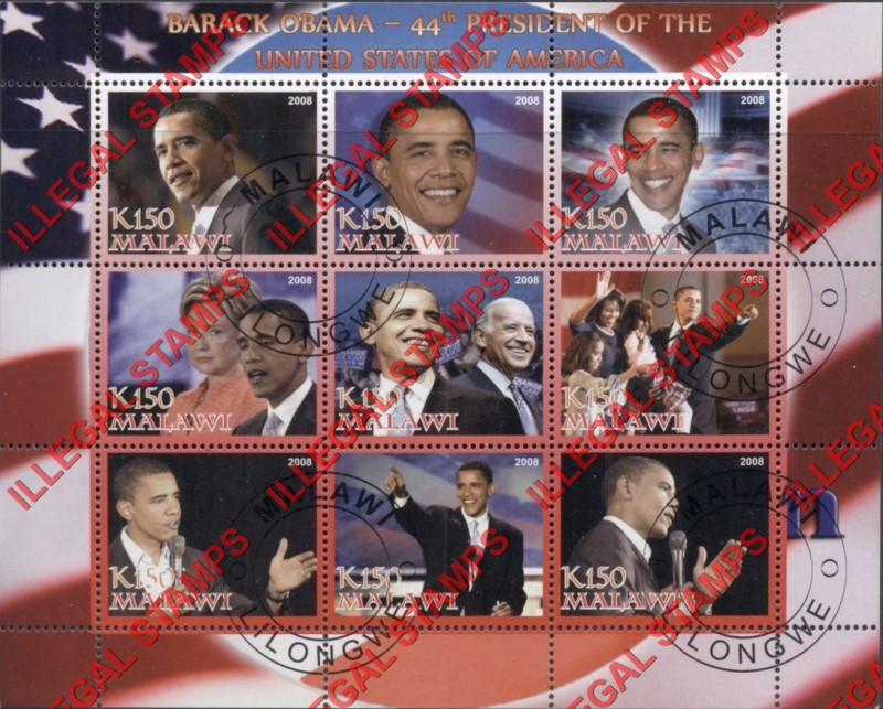 Malawi 2008 Barack Obama Illegal Stamp Sheetlet of 9 Malawi 2008 Barack Obama Illegal Stamp Sheetlet of 9