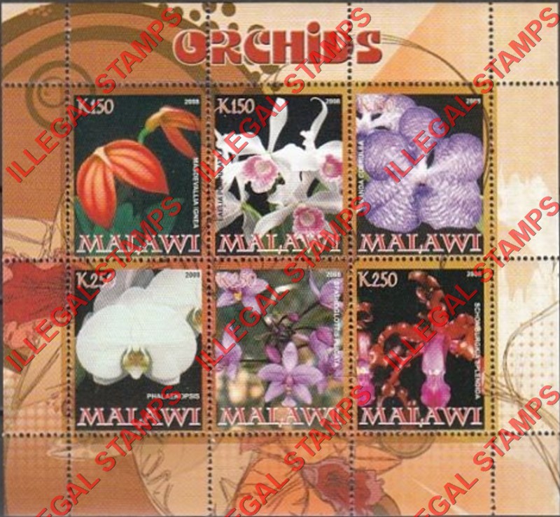 Malawi 2008 Orchids Illegal Stamp Souvenir Sheet of 6 Malawi 2008 Orchids Illegal Stamp Souvenir Sheet of 6