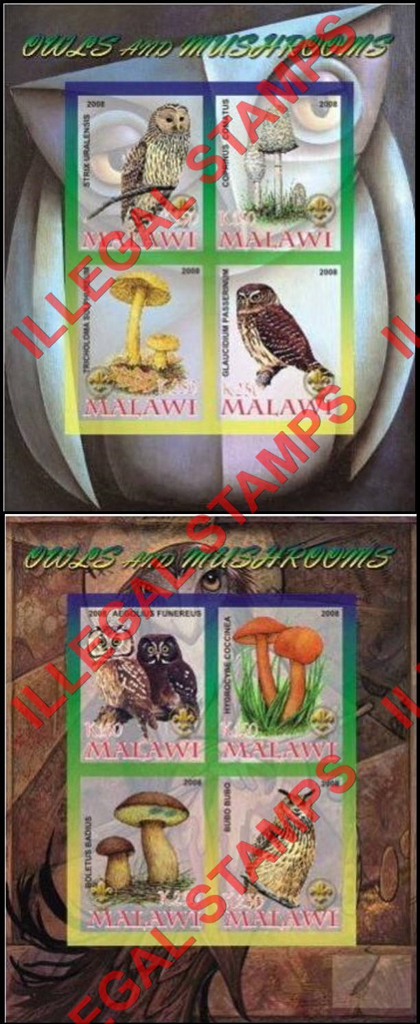Malawi 2008 Owls and Mushrooms Illegal Stamp Souvenir Sheets of 4 Malawi 2008 Owls and Mushrooms Illegal Stamp Souvenir Sheets of 4