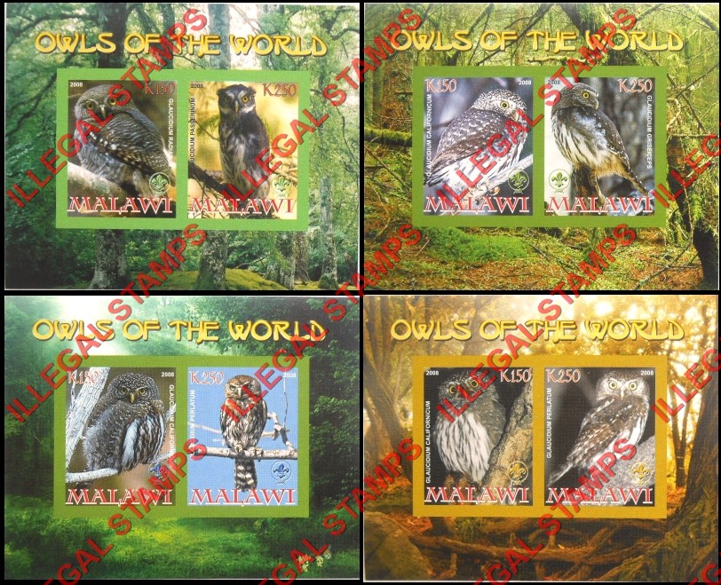 Malawi 2008 Owls of the World Illegal Stamp Souvenir Sheets of 2 (Part 1) Malawi 2008 Owls of the World Illegal Stamp Souvenir Sheets of 2 (Part 1)