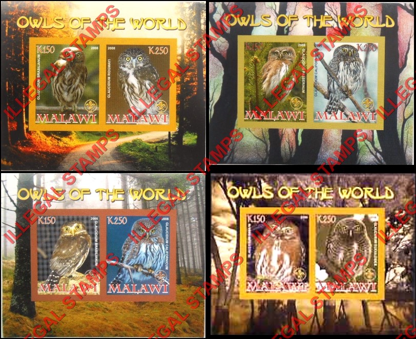 Malawi 2008 Owls of the World Illegal Stamp Souvenir Sheets of 2 (Part 2) Malawi 2008 Owls of the World Illegal Stamp Souvenir Sheets of 2 (Part 2)