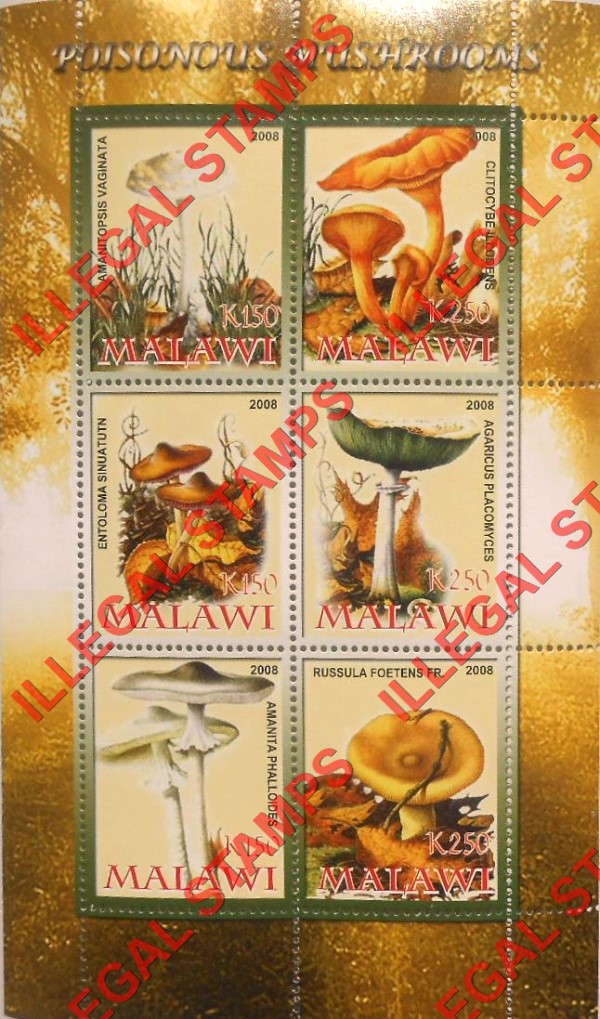 Malawi 2008 Poisonous Mushrooms Illegal Stamp Souvenir Sheet of 6 Malawi 2008 Poisonous Mushrooms Illegal Stamp Souvenir Sheet of 6