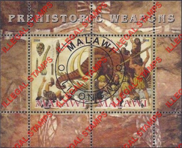 Malawi 2008 Prehistoric Weapons Illegal Stamp Souvenir Sheet of 2 Malawi 2008 Prehistoric Weapons Illegal Stamp Souvenir Sheet of 2