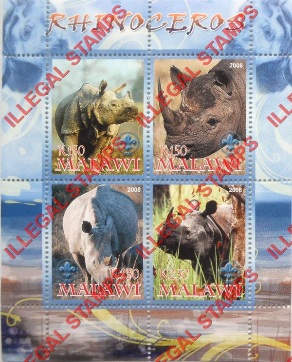 Malawi 2008 Rhinoceros Illegal Stamp Souvenir Sheet of 4 Malawi 2008 Rhinoceros Illegal Stamp Souvenir Sheet of 4
