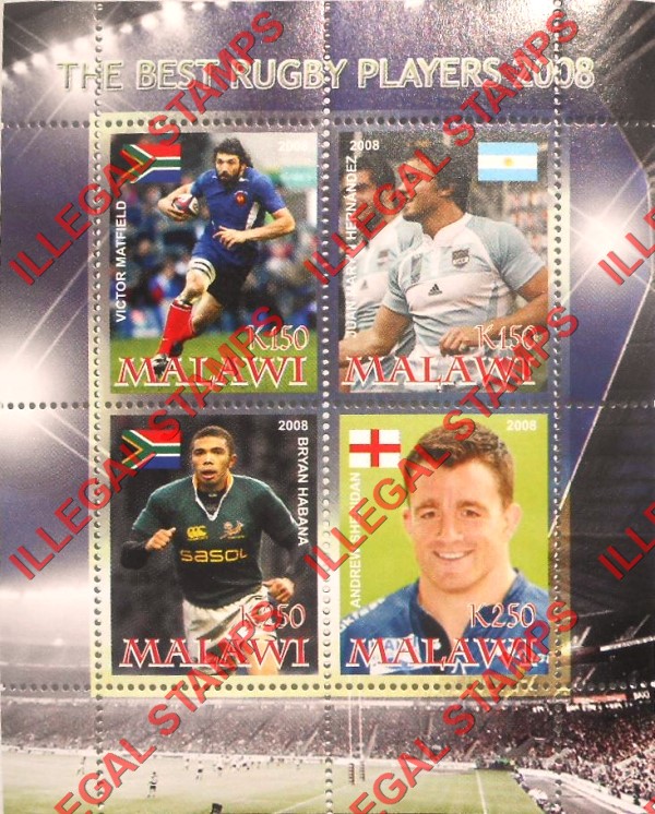 Malawi 2008 Rugby Best Players Illegal Stamp Souvenir Sheet of 4 Malawi 2008 Rugby Best Players Illegal Stamp Souvenir Sheet of 4